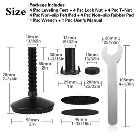 Tahikem 4 Set M10 Swivel Adjustable Leveling Feet, Heavy Duty Height Adjuster Furniture Leveler Foot with T Nut, Screw in Cabinet Table Chair Self Levelers Leg - 2" Base Dia & 2" Bolts Length - Black