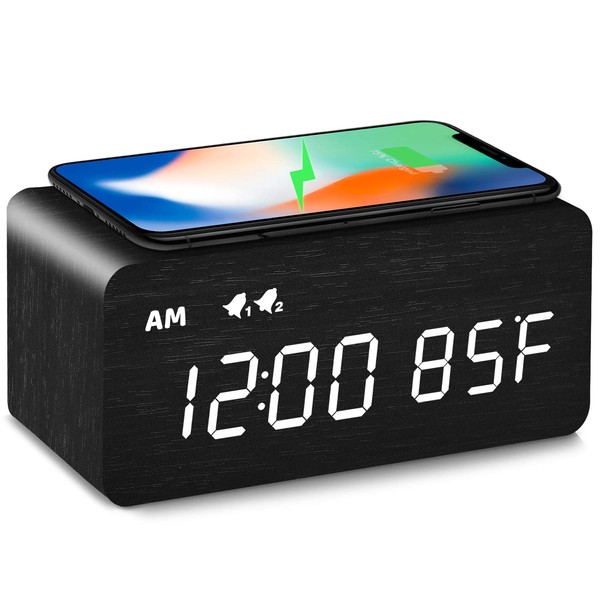MOSITO Digital Wooden Alarm Clock with Wireless Charging, 0-100% Dimmer, Dual Alarm, Weekday/Weekend Mode, Snooze, Wood LED Clocks for Bedroom, Bedside, Desk, Kids (Black)