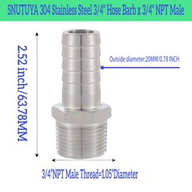 SNUTUYA 304 Stainless Steel Hose Barb Fitting，3/4 "Hose barb x 3/4" NPT male, for connecting 1-inch bore air/water/oil hose, etc., 2 pack