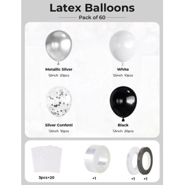 Haolongfa Black and Silver Balloons,12 Inch 60pcs Black White Silver Confetti Balloons,Metallic Silver Latex Balloons for Graduation Birthday Anniversary Wedding Party Decorations
