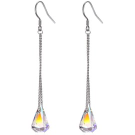 Savlano 14k White Gold Plated Aurora Borealis Austrian Rainbow Multicolor Crystal Tear Drop Pear Cut Dangle Earrings For Women