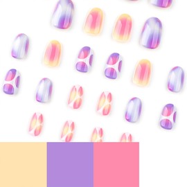 LWTZLW Purple Gradient Press on Nails Short Almond False Nails Colorful Full Cover Glue ons Nails Oval Purple White Acrylic Fake Nail Glossy Artificial Gradient Nails Reusable for Women