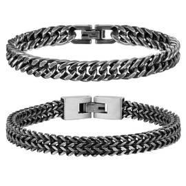 Men's Bracelet Stainless Steel Bracelets Curb Chain – 2 Pieces Silver Black Gold Men's Bracelets for Men Boys Cuban Bracelet 8 mm Width 19 cm / 21 cm Length Gifts for Dad Son Brother Husband,
