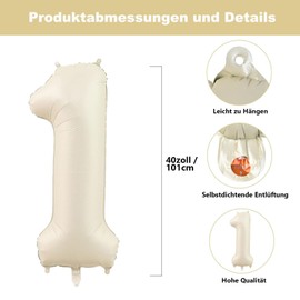 Gleemix Geburtstag Zahlen Luftballon 1 Jahre, 40 Zoll Beige Luftballon 1. Geburtstag, Ballon Zahl Deko, Riesen Folienballon 1, für Baby Dusche Party, 1. Geburtstagdeko