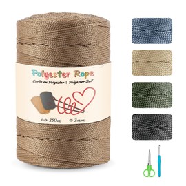 Macrame Yarn Set, 2 mm x 250 m Macrame Polyester Cord, 100% Polypropylene Cord with Scissors and 4 mm Crochet Polypropylene Yarn for Crafts, Home Decorations, Shoulder Bag, Handbag (Latte)