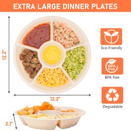 40 Pcs Disposable Divided Plates with 6 Deep Compartments, 12 Inch Large Disposable Sectional Plates, Biodegradable Cornstarch Divided Serving Tray for Party - Microwave Safe