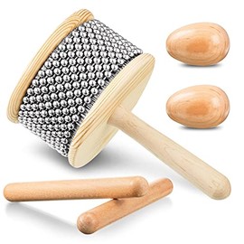 5 Pcs Wooden Hand Percussion Instrument Set Wooden Cabasa with Stainless Steel Breads Musical Latin Percussion Instrument Classical Wood Claves Rhythm Sticks Egg Shakers for Adults Toddler and Kids