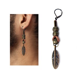 Bronze and Leather Native American Feather Men Earring - Single Hippie Long Man Jewelry Boys Country Western