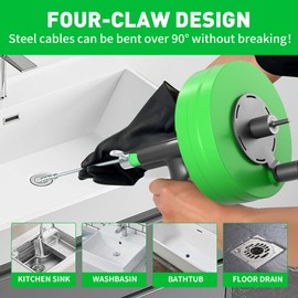 BACOENG 33Ft Drain Auger, Heavy Duty Plumbing Snake with Drill Adapter, Use Manually or Powered for Drain Clog, Shower Sink, Comes with Gloves and Bag (Green)