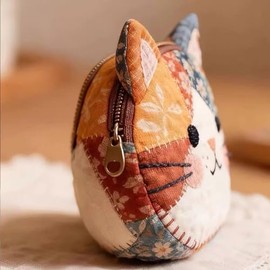 Monedero de gato hecho a mano, bolsa acolchada de tela floral con cremallera, pequeña bolsa de almacenamiento para auriculares y accesorios