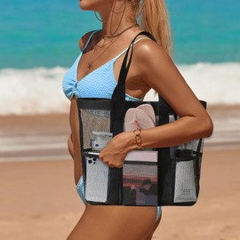 Beach Bags for Women, Large Beach Bag, Mesh Beach Bag with Pocket, Holiday Essentials, Family Beach Bags, Reusable Shopping Bag for Travel, Pool, Gym (Black), black