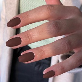 Matte Brown Short Coffin Press on Nails Medium Coffin Nails Press ons, Glue on Nails Short Fake Nails for Women, Ballerina T Shape Acrylic False Nails Natural Handmade Medium Square Gel Nails