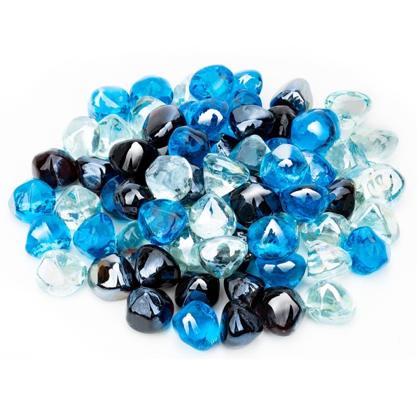 Skyflame 10-Pound Blended Fire Glass Diamonds for Fire Pit Fireplace Landscaping, 1/2 Inch Caribbean Blue, Crystal Ice, Amber Luster