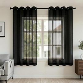 Cortinas Transparentes Negras de 45 Pulgadas de Longitud para Ventanas de Sótano Juego de 2 Paneles con Ojales de Lino Sintético Semi Translúcidas Cortinas Cortas para Ventanas Pequeñas Cocina