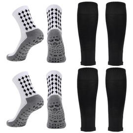 Ultrafun 2 Set Grip Soccer Socks and Shin Guard Sleeves Non Slip Soccer Sleeve Socks for Men Women White & Black