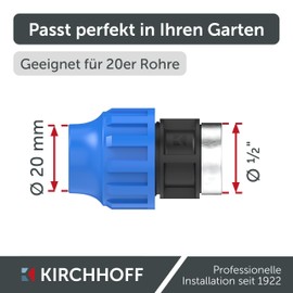 Kirchhoff Fitting Transition Piece with Internal Thread, Plastic, 20 mm x 1/2 Inch, for HDPE Pipe, Set of 5, Various Sizes, DVGW Tested, Drinking Water Quality, Made in EU, Black