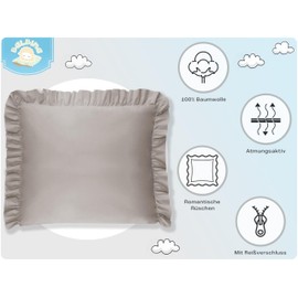 Balbina Pillowcase 80 x 80 cm for Children & Babies, Cotton Pillowcase for Children's Room, Pram or Cot, Cotton Pillowcase with Ruffle & Zip, Light Brown