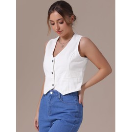 CIMUK Women's Denim Vest V Neck Button Down Sleeveless Waistcoat Vest Top Western Outfits Casual Jean Vests Medium White