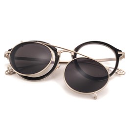 ADE WU Clip on Sunglasses for Men Vintage Round Metal Steampunk Style Glasses Removeable Double Flip Lens Goggles