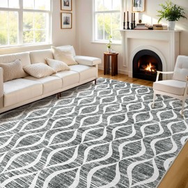 WITSHOCK 6x9 Dark Grey Living Room Rug - Washable Boho Soft Modern Geometric Low Pile Print Pattern Large Thin Indoor Rug for Bedroom Dining Room, Carpet for Nursery Playroom Decor, Eco-Friendly