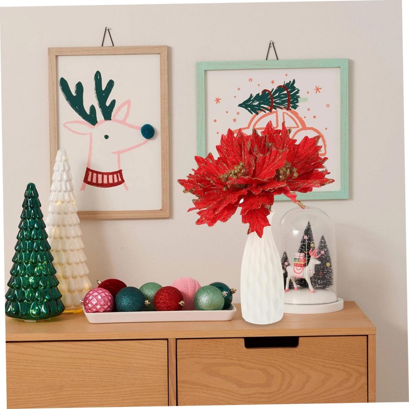 Kisangel 4pcs Artificial Poinsettia Christmas Flowers Xmas Tree Decorations Red
