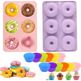 Molde para donas, 2 Molde de silicona para hornear, con 12 moldes de silicona para cupcakes, Moldes de silicona antiadherentes reutilizables de grado alimenticio para hornear, sin BPA (violeta)