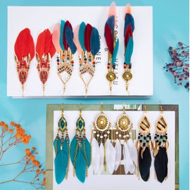 Vspek 6 Pairs Bohemian Feather Earrings, Women's Bohemian Fringe Feather Earrings Set, Women's Ethnic Long Colourful Feather Fringe Earrings for Christmas, Valentine's Day, Mother's Day, Birthday