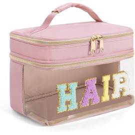 Fasrom Organizador de accesorios para el cabello de doble capa, bolsa de maquillaje con carta de felpilla para el cabello, bolsa de cosméticos portátil de viaje para mujeres y niñas, rosa (solo bolsa