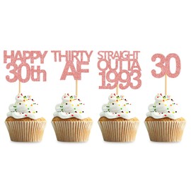 Keaziu Paquete de 48 adornos para cupcakes de color oro rosa recto Outta 1991 Happy 30th Cupcake Toppers Thirty AF para 30 años de decoración de fiesta de cumpleaños
