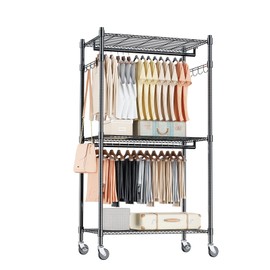 Homdox Heavy Duty Clothing Rack with 3 Tier Adjustable Wire Shelves, Garment Racks for Hanging Clothes, Double Rods Clothing Rack, Freestanding Closet Wardrobe with Side Hooks, Black