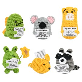 6Pcs Positive Frogs Cute Emotional Support ，Pickle Funny Mini Positive Crochet Dolls， Koalas Mice Giraffes Dinosaurs Raccoons Holding Positive Cards Wool Knitted Toy ，Encouragement Gifts