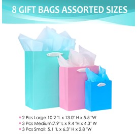 Nihuecne 8 Pack Colorful Gift Bags Assorted Sizes with Tissue Paper for Birthdays, Baby Showers,Easter and More (3 Small 6", 3 Medium 9", 2 Large 13")