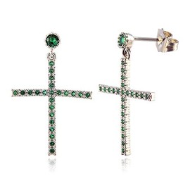 [RIZILIA CROSS] Dangle Drop Pierced Earrings with Round Cut Gemstones CZ [Green Emerald] in 18K White Gold Plated, Simple Modern Elegant