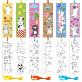 ANGOLIO 123Pcs Cute Cats DIY Coloring Bookmarks Color Your Own Cat Bookmarks with Ribbon DIY Cartoon Coloring Blank Paper Bookmarks for Kids Book Lovers Cat Lovers Gifts Classroom Reward Candies Bag