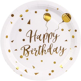 EVYIENEN 50PCS Happy Birthday Party Paper Plates，7inch Disposable White and Gold Plates Set，Party Tableware Party Supplies for Birthday Decorations (White and Gold, 9inch)
