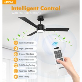OPONL 42" Black Ceiling Fan with Light, Remote Control, Downrod Mount, Noiseless, Reversible, 6CCT, Dimmable, 6 Speeds, Timeable, Ceiling Fan with Remote Control for Bedroom, indoor/outdoor