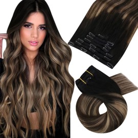 Moresoo Clip in Hair Extensions Real Human Hair 16 Inch Hair Extensions Clip in Balayage Black to Dark Brown with Golden Blonde Clip in Human Hair Extensions 7 Pieces/120g #1B/4/14