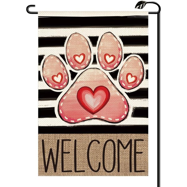 Valentine Paw Print Love Heart Garden Flag 12x18 Inch Vertical