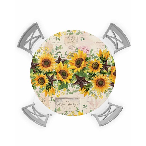 Gavrelixora Sunflower Round Tablecloth, Yellow Spring Floral Outdoor Fitted Table