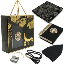 Muslim Prayer Rug with Islamic Gift Set Box - Islamic Salah Mat, Muslim Kufi Hat, Holy Quran, Muslim Rosary Tasbih, Mini Quran for necklace, Muslim Prayer Rug for Men & Women Gift Set Black KF01