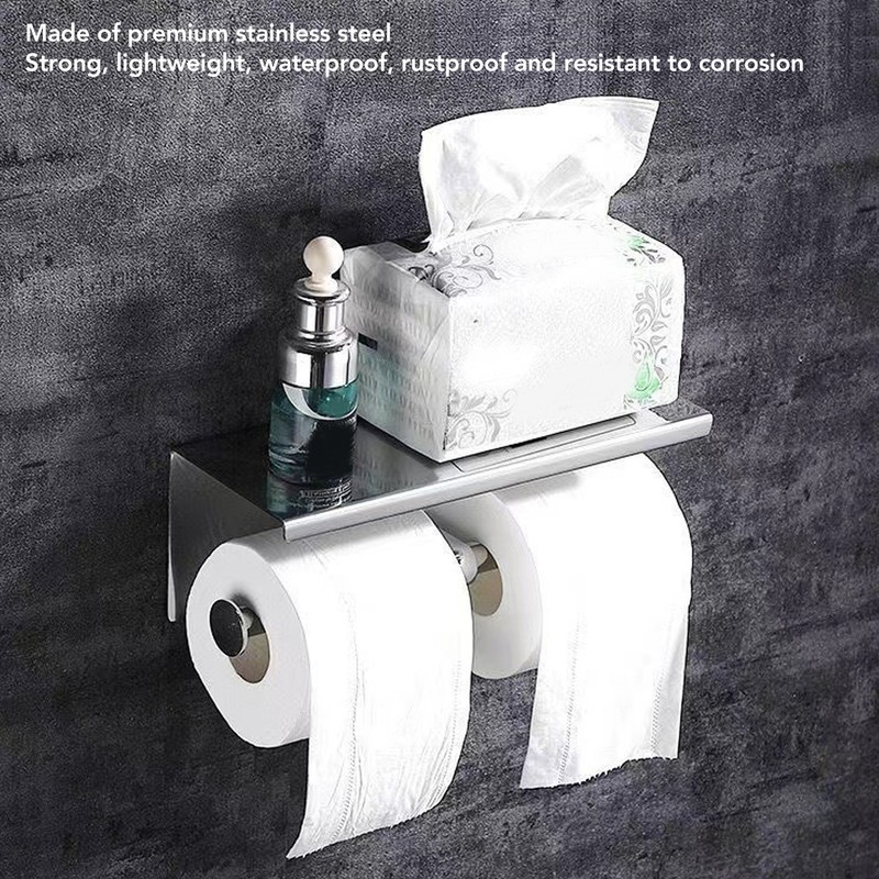 Stainless Steel Toilet Paper Holder with Shelf Self Adhesive Punch