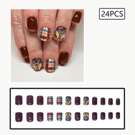 24Pcs Fall Press on Nails Short Square Fake Nails with Grid Turkey Design Brown Full Cover Reusable False Nails Kit Autumn Turkey Nails Press ons Artificial Thanksgiving Glue on Nail for Women