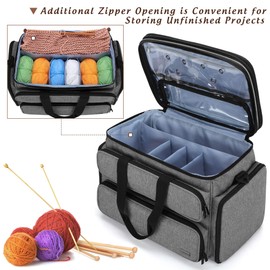Yarwo Knitting Yarn Bag, Portable Crochet Storage Tote with Double Top Cover and Yarn Holes for Knitting Needles(Up to 14”), Unfinished Projects and Skeins of Yarn, Gray
