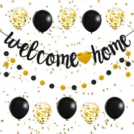 lakigoes Welcome Home Decoration Set - Welcome Home Party Decoration Black Gold with Banner, Bunting, Paper Garland & Balloons for Baby Shower, Family Party, Housewarming Party