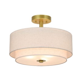 XiNBEi Lighting 3 Light Semi Flush Mount Light, Close to Ceiling Light Fixture with Fabric Shade Retro Gold Brass 16 inch Semi Flush Drum Light for Bedroom & Living Room XB-SF1289-GB