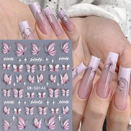 2 Sheets Glitter Butterfly Nail Stickers, Aurora Pink Butterfly Nail Decals, 5D Embossed Self-Adhesive Nail Art Supplies for Women DIY Spring Manicure Art Stickers for Acrylic Nails