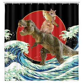 Funny Cat Shower Curtain Set, Kanagawa Japan Hokusai Red Full Moon Gothic Dinosaur Bath Curtains, Fun Cat Fish Riding Dinosaur Black Background Bathroom Decor with Hooks 69x70