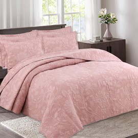 Grifito Soft Cotton Quilt Sets,3 Pieces Queen Size Bedspread for All Seasons,Modern Style Flower Embossed Pattern Quilt Bedding Set (Queen 98''×90'')