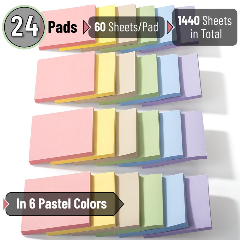 Mr. Pen- Sticky Notes, 3”x3”, 24 Pads, Pastel Colors Sticky