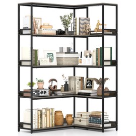 Tangkula Large Corner Bookshelf, 90 Degrees 5-Tier Industrial Wood Open Corner Bookcase for Small Spaces, Heavy-Duty Metal Frame, 71”H L-Shaped Storage Display Rack for Living Room (Oak)